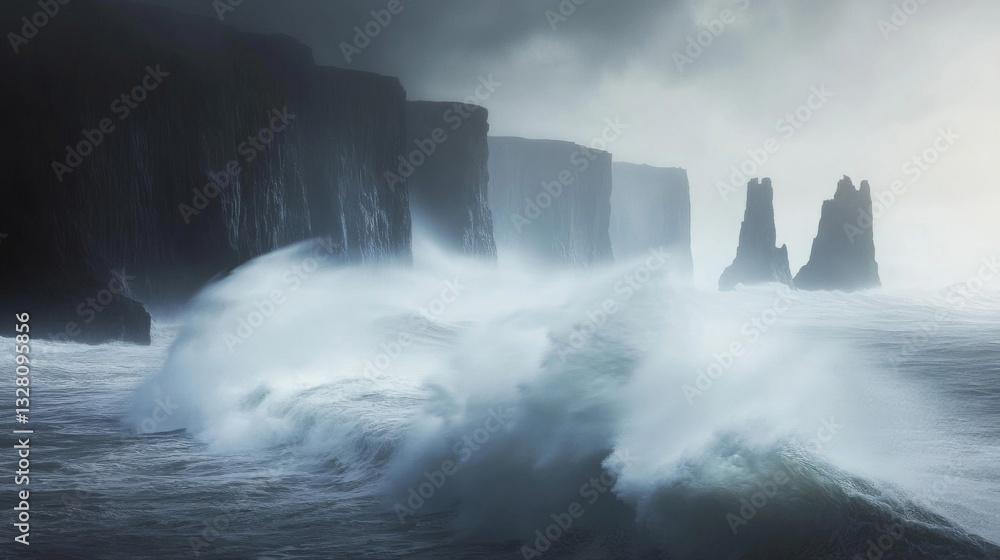 Dramatic Ocean Waves Crashing Against Dark Cliffs Under a Stormy Sky Dramatic Ocean Waves Crashing Against Dark Cliffs Under a Stormy Sky