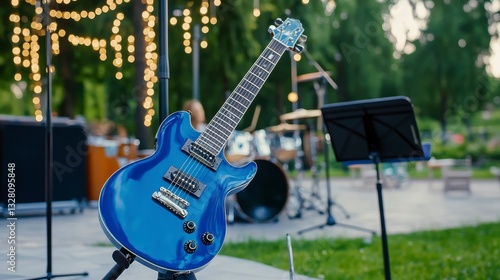 Wallpaper Mural Blue Electric Guitar on Stage with Lights and Musical Instruments Torontodigital.ca