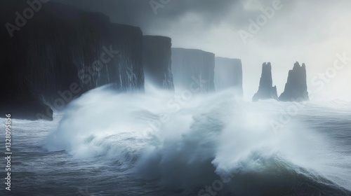 Dramatic Ocean Waves Crashing Against Dark Cliffs Under a Stormy Sky