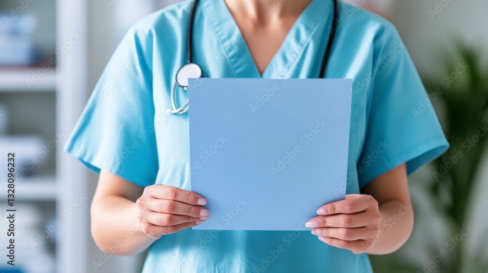 Healthcare Professional Holding Blank Document in Medical Setting Healthcare Professional Holding Blank Document in Medical Setting
