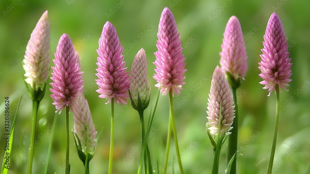 Closeup of Pink Cockscomb Flowers in Green Field