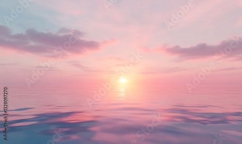 A serene sunset over calm waters, featuring soft pastel colors and a tranquil atmosphere.