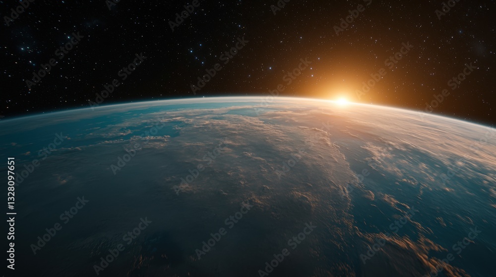 Obraz premium Stunning View of Earth from Space with Rising Sun and Stars Above