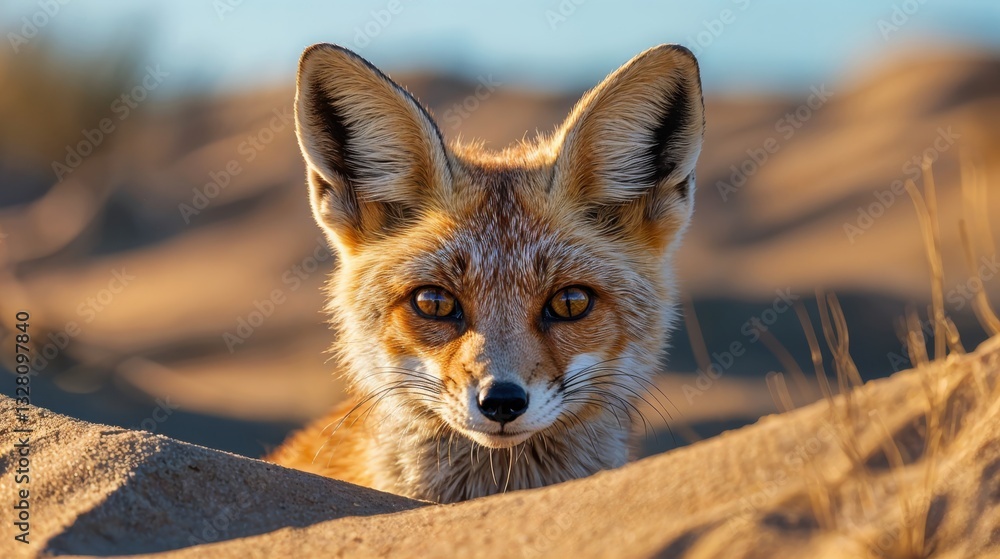 Fototapeta premium A charming fox with striking amber eyes emerges from the warm desert sand, curiously observing its surroundings as the sun sets, casting a golden glow across the landscape.