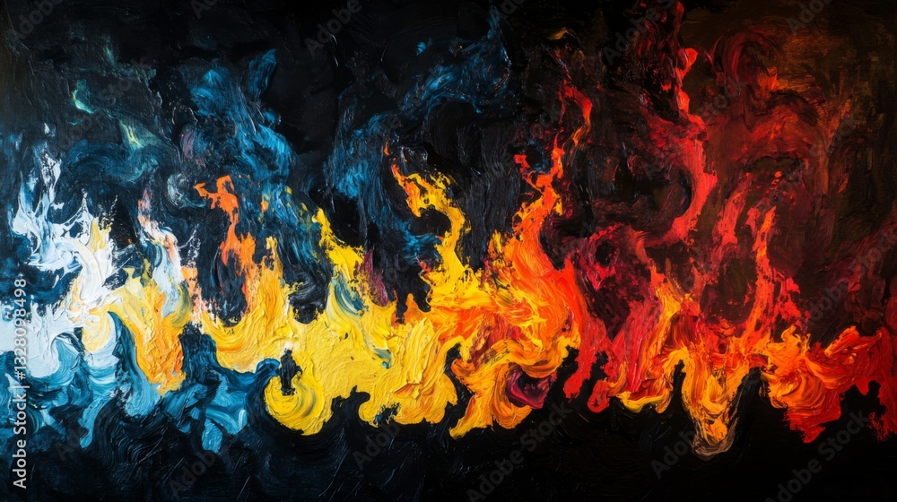Fototapeta premium Abstract Fire Painting: Blue, Red, and Yellow Flames on Dark Background