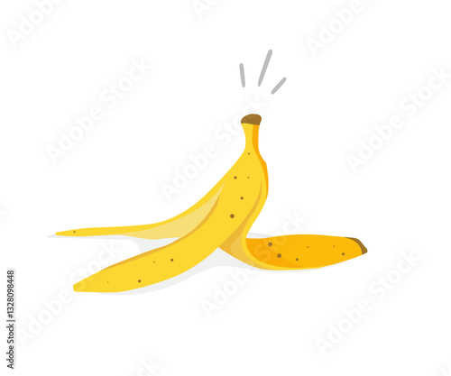 Banana peel isolated on white background. Yellow banana peel with brown spots, lying on a white surface. Victor Illustration. Stock Illustration