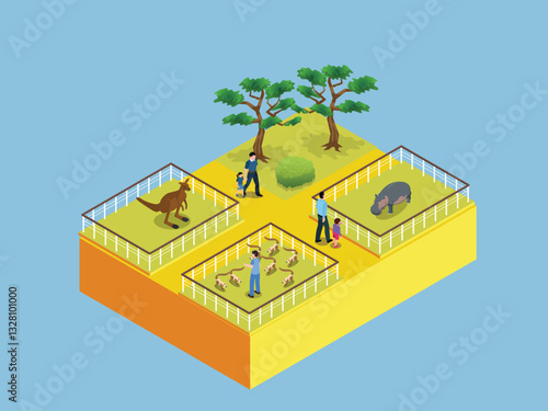 Zoo Scene with Animal Enclosures and Visitors 3d flat vector illustrations