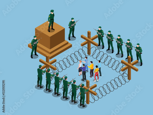 Military Checkpoint with Soldiers and Detained Civilians 3d flat vector illustrations