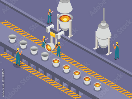 Steel Manufacturing and Casting Process in a Factory 3d flat vector illustrations