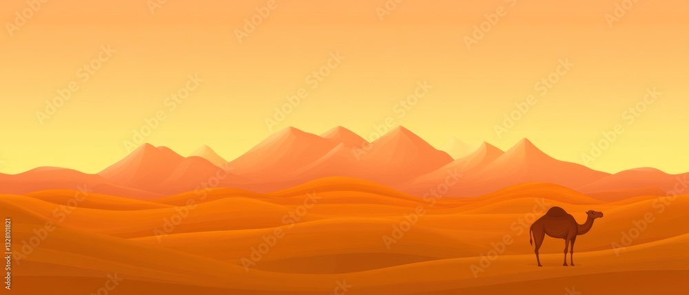 Lonely Camel in the Orange Desert at Sunset Lonely Camel in the Orange Desert at Sunset