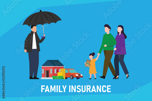 Family Insurance Concept – Protection for Home, Car, and Loved Ones 2d flat vector illustrations