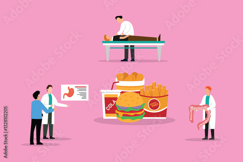 Unhealthy Food and Digestive Health – Medical Illustration on Gastrointestinal Issues 2d flat vector illustrations