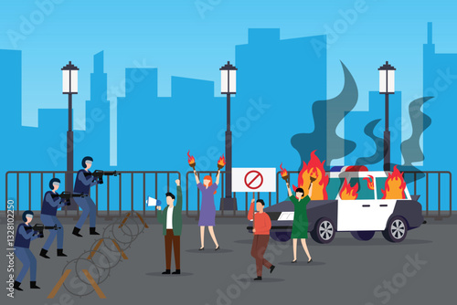 Urban Riot and Civil Unrest – Protesters Clashing with Armed Forces in City Streets 2d flat vector illustrations