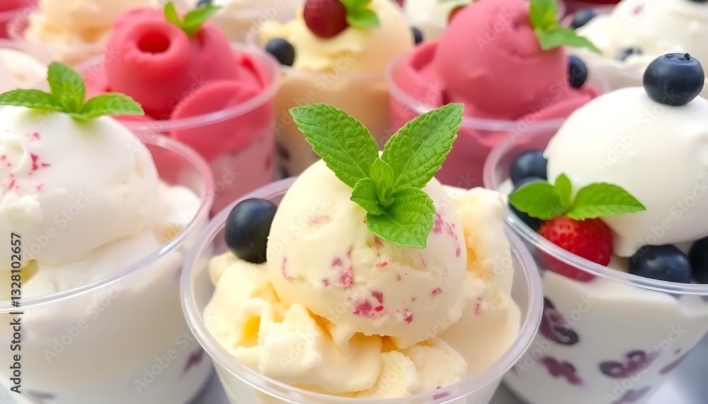 Ice Cream Scoops Various Flavors A Different Berry And Mint Leaf Ice Cream Scoops Various Flavors A Different Berry And Mint Leaf