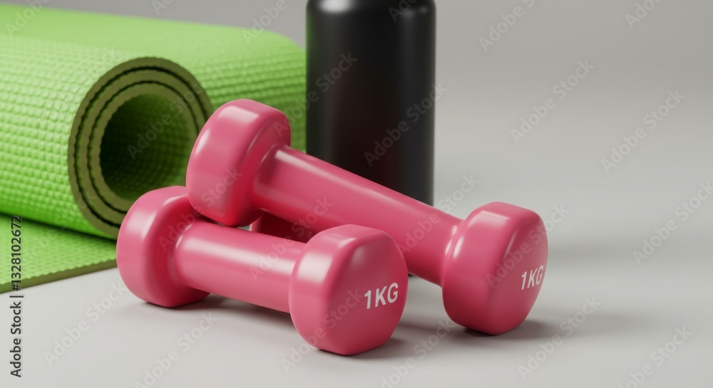 Fototapeta premium Pink dumbbells and yoga mat: Fitness.