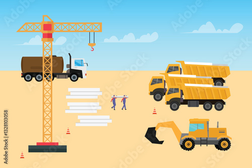 Construction Site with Heavy Machinery and Workers - Industrial Development 2d flat vector illustrations