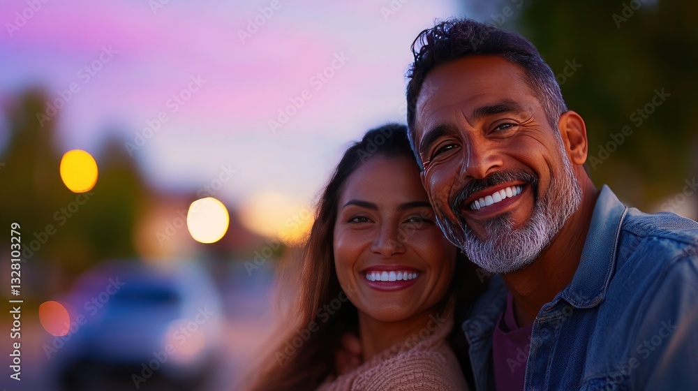 A smiling couple is embracing outside at dusk together A smiling couple is embracing outside at dusk together