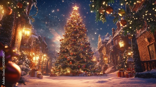 Magical Christmas Night in Snowy Village: Illuminated Tree and Cozy Houses