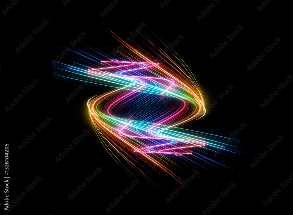 Obraz premium Abstract design featuring vibrant, swirling light trails on a black backdrop. Colorful streaks create a dynamic, energetic, and modern visual effect.