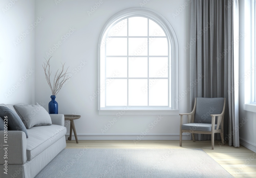 Fototapeta premium Minimalist living room with arched window, sofa, armchair, and rug.