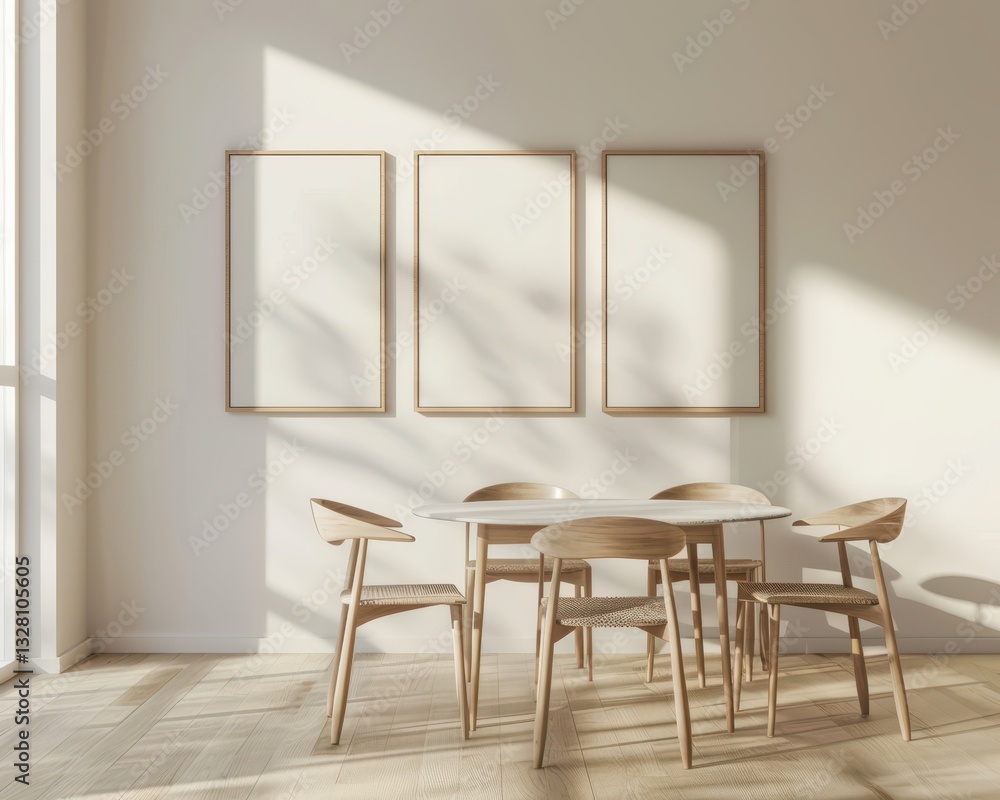 Minimalist dining room with a round table and six chairs. with three blank frames on the wall Minimalist dining room with a round table and six chairs. with three blank frames on the wall