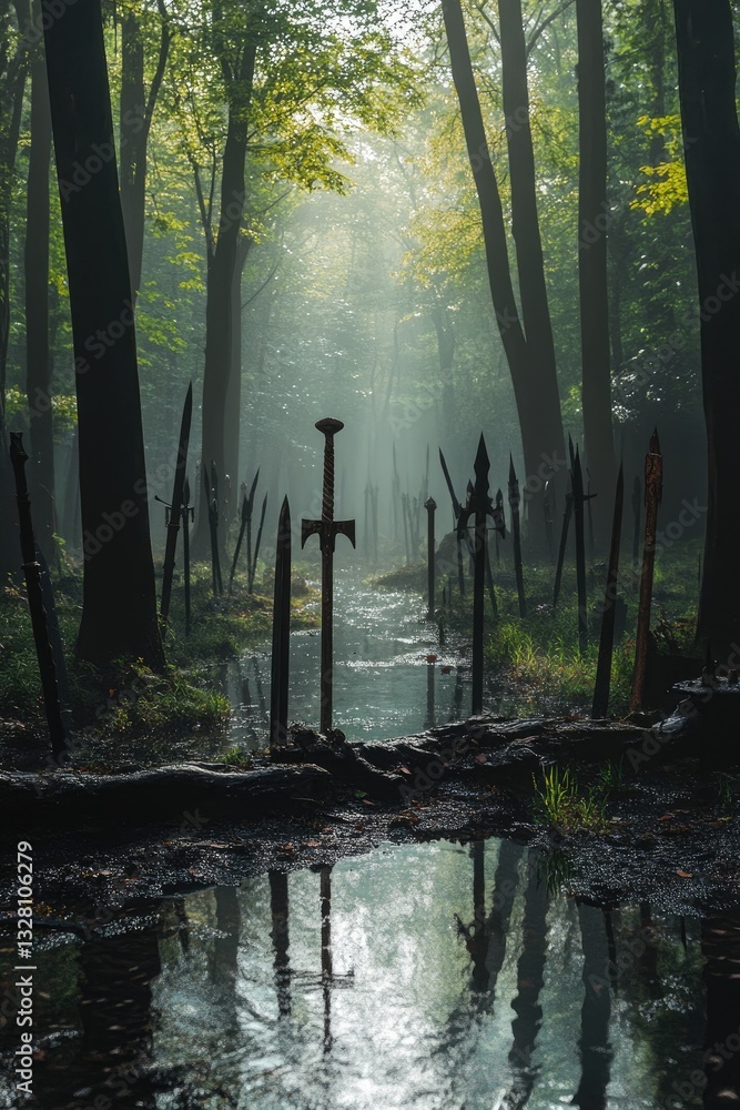 Obraz premium A forest scene with many swords in a stream of water