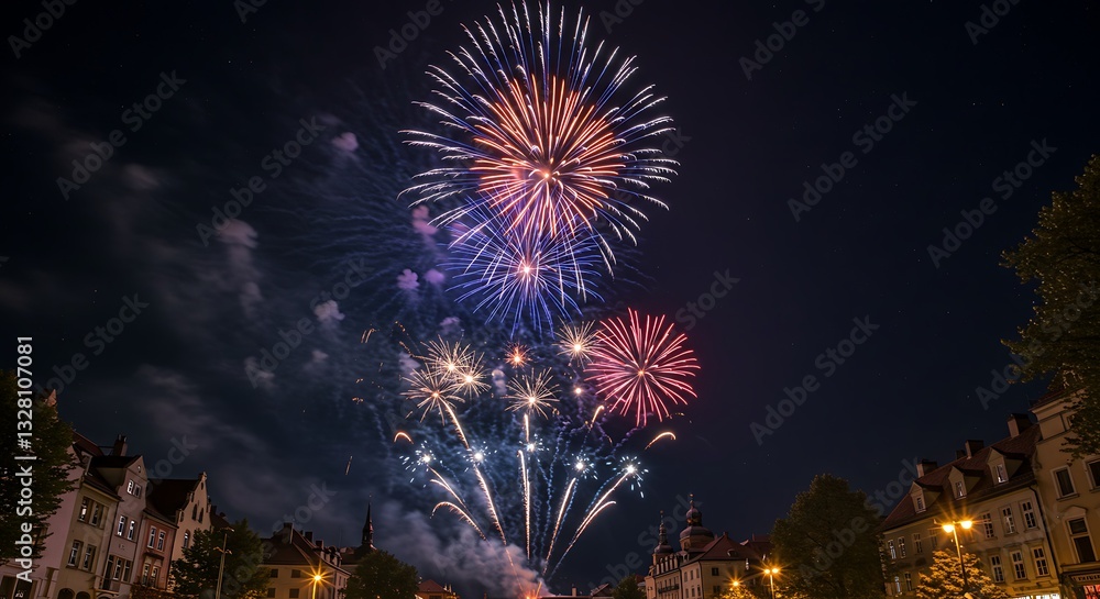 Fireworks illuminate the twilight sky above buildings - celebration of the new year - Stock image or festive poster Fireworks illuminate the twilight sky above buildings - celebration of the new year - Stock image or festive poster
