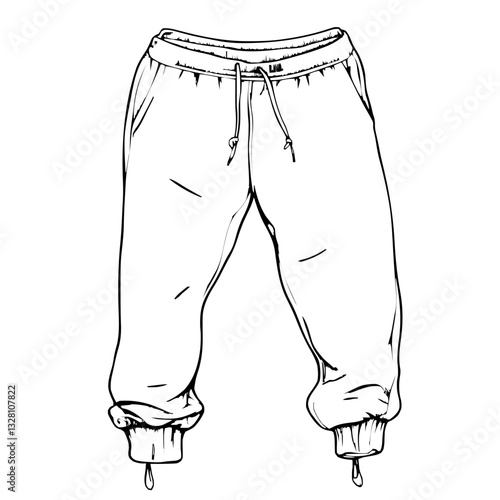 Minimalist 2D line art vector sketch of a pair of sweatpants with drawstring details