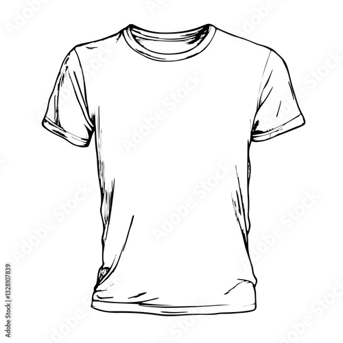 Minimalist 2D line art vector sketch of a casual t-shirt with clean black ink details
