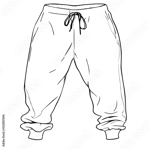 Minimalist 2D line art vector sketch of a pair of sweatpants with drawstring details