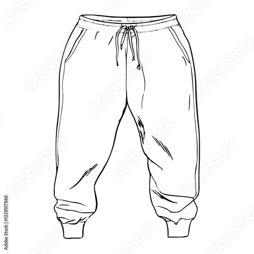 Minimalist 2D line art vector sketch of a pair of sweatpants with drawstring details