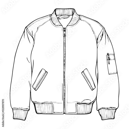 Trendy 2D line art vector sketch of a bomber jacket with detailed zipper and pocket elements