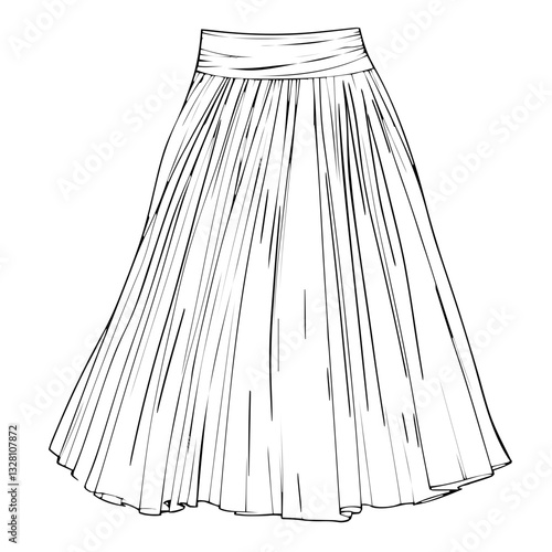 Elegant 2D line art vector sketch of a skirt with pleats and waistband details