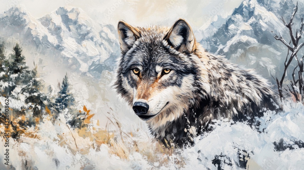 Obraz premium Grey Wolf in Snowy Mountain Winter Landscape Painting