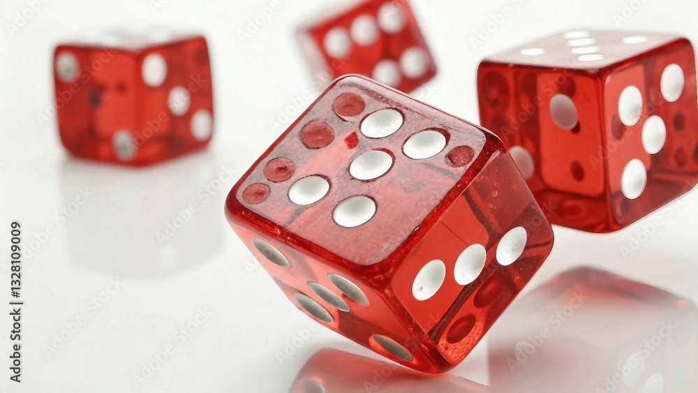 Transparent red dice set floating in mid-air, showcasing intricate gaming elements against a clean white background Transparent red dice set floating in mid-air, showcasing intricate gaming elements against a clean white background