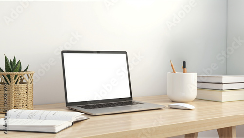 Wallpaper Mural Minimalist workspace with laptop, bright desk decor, plants, inviting atmosphere for productivity and creativity, copy space available. Torontodigital.ca