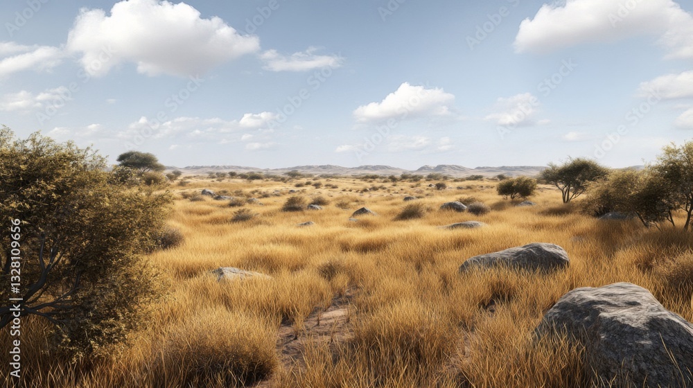 Fototapeta premium Golden Grassland Savanna Landscape Under a Sunny Sky