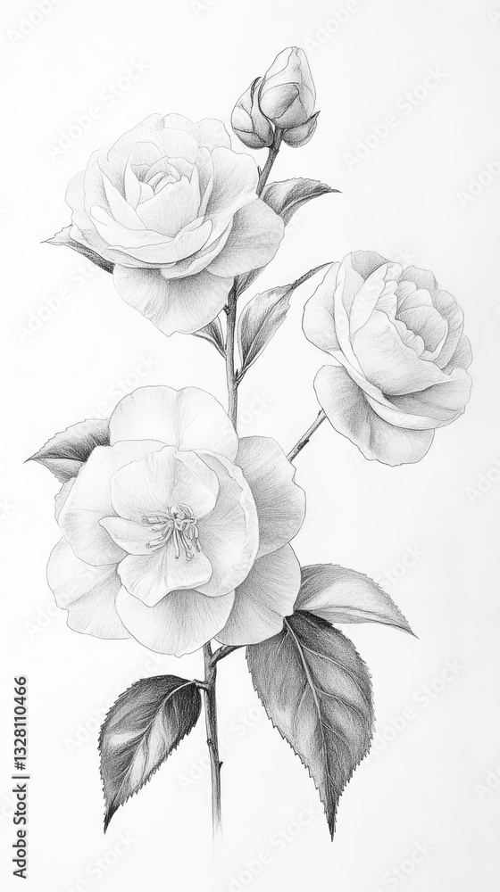 Obraz premium Delicate botanical pencil drawing of camellia flowers and buds