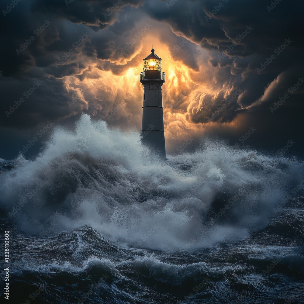 Dramatic Lighthouse withstanding Powerful Ocean Storm Waves at Sunset Dramatic Lighthouse withstanding Powerful Ocean Storm Waves at Sunset