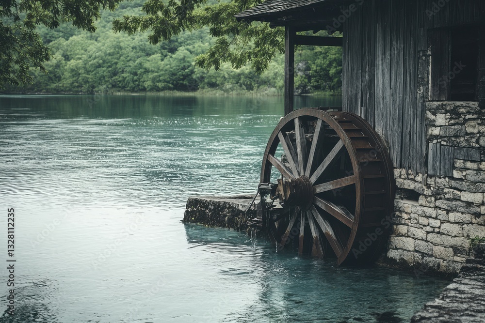 Rustic Water Wheel by Calm Lake Surrounded by Lush Greenery Rustic Water Wheel by Calm Lake Surrounded by Lush Greenery