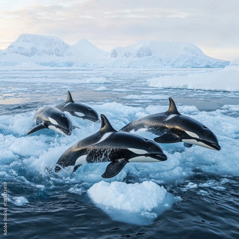 Fototapeta premium Antarctic Orcas leaping through icy waters near snow capped mountains