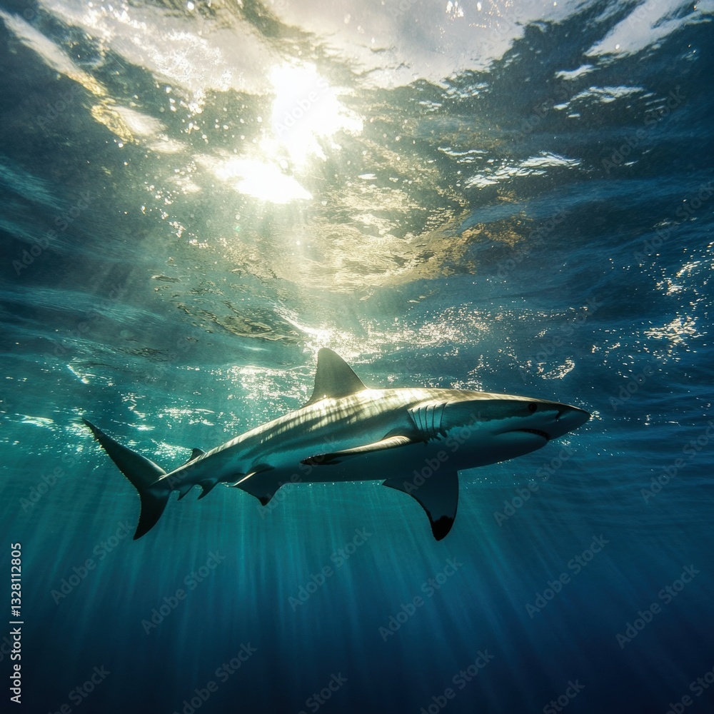 Fototapeta premium Majestic Shark Underwater Sunbeams Ocean Wildlife Marine Life Deep Sea Predator