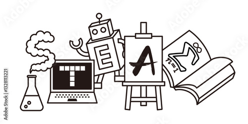 Monochrome title design for STEAM education. Text elements with symbols representing science, technology, engineering, arts and mathematics learning.