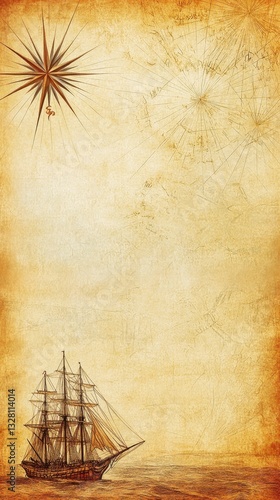 An antique aged parchment displaying a sailboat compass and subtle map lines