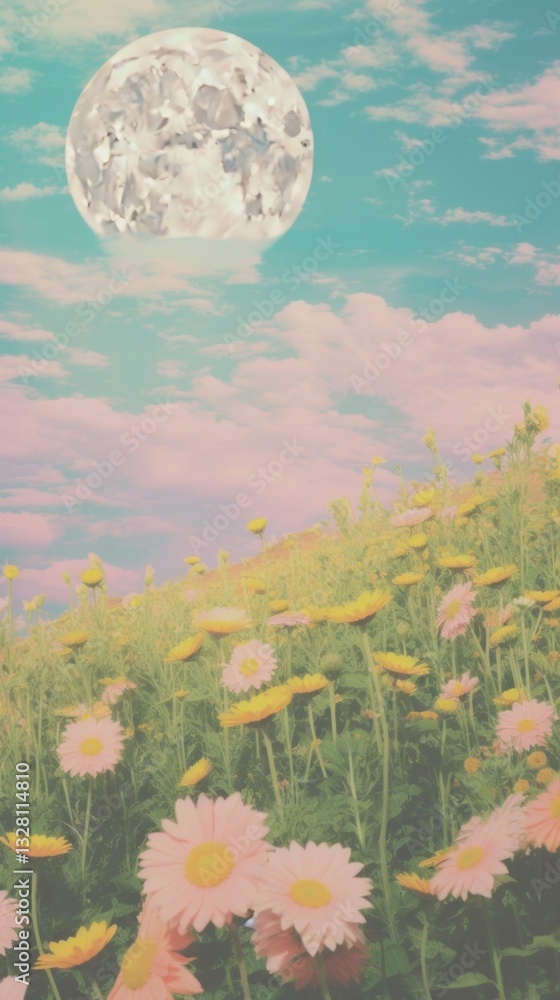 Fototapeta premium Sunflower field moon landscape astronomy.