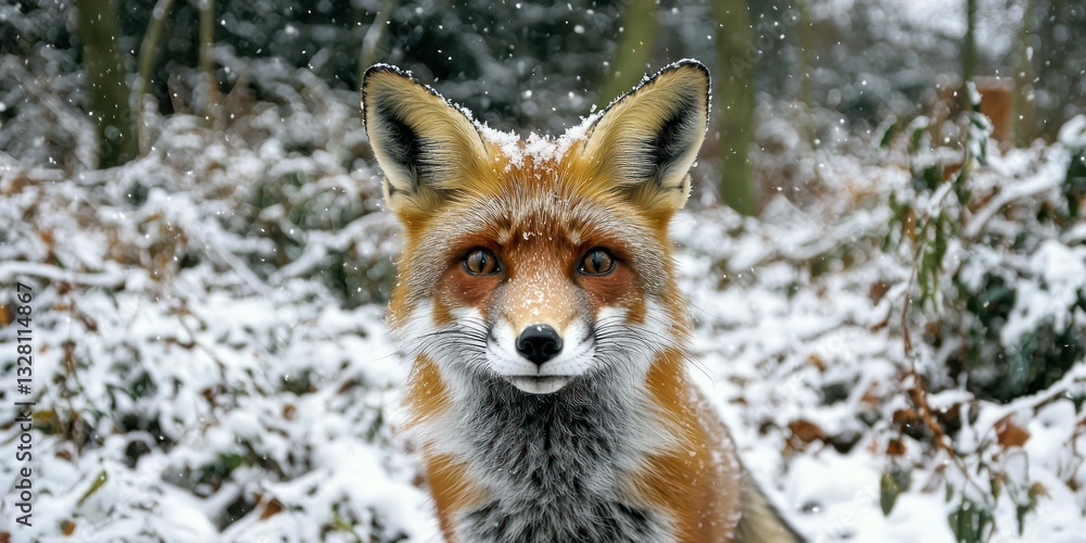Fototapeta premium A close-up of a red fox in a snowy forest, staring directly into the camera with piercing eyes