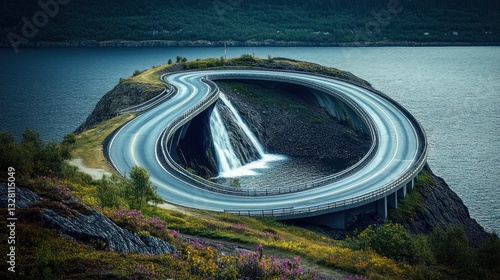 Scenic coastal highway bridge waterfall Norway travel