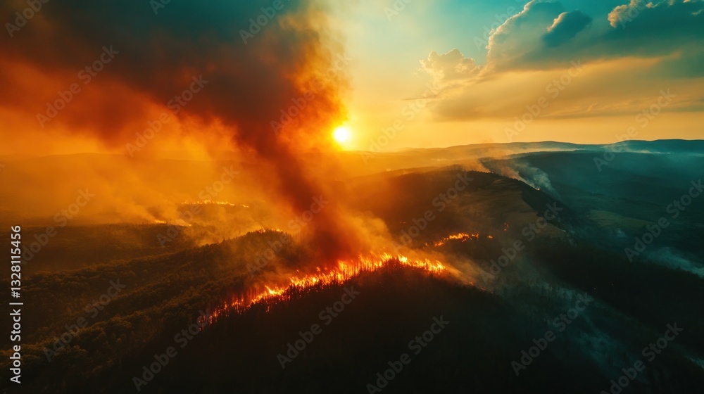 Fototapeta premium Fiery Sunset: Aerial View of a Devastating Wildfire