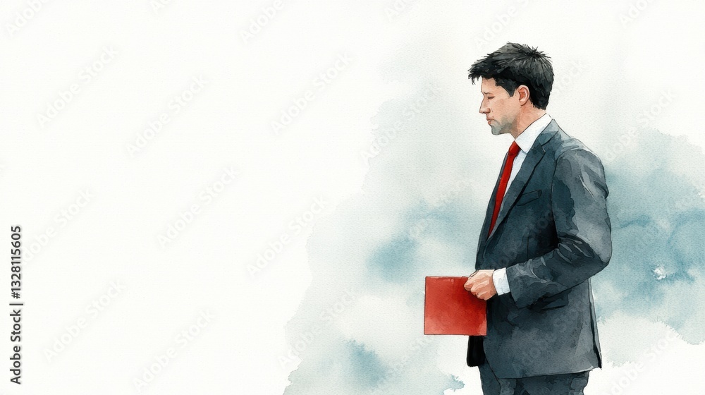 Professional man in suit and tie holding red folder, business meeting office presentation Professional man in suit and tie holding red folder, business meeting office presentation