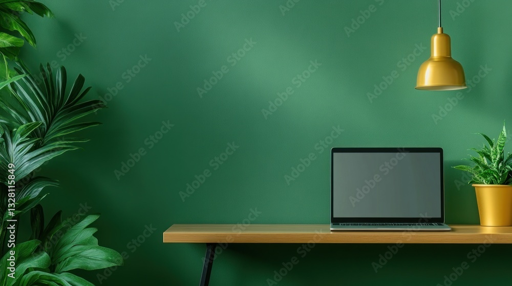Serene Green Workspace: Laptop, Plants, and Golden Light Serene Green Workspace: Laptop, Plants, and Golden Light
